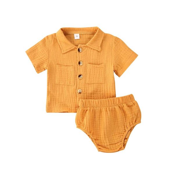 

baby 2pcs outfit set solid color pleated button-down folded collar short sleeve shirt +triangle elastic band shorts set, White