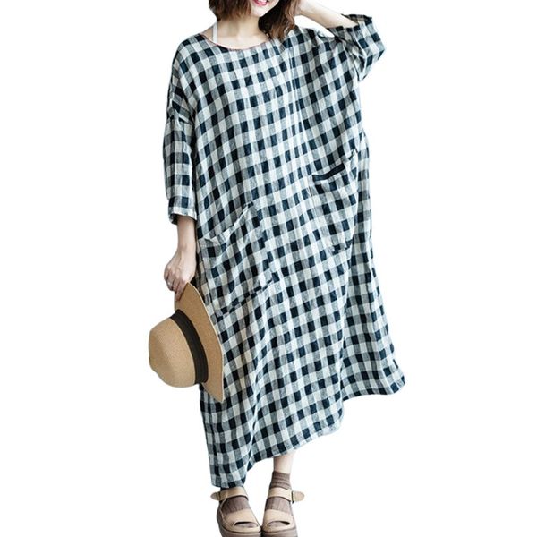 

plus size autumn women vintage plaid print dress long sleeve o neck pockets loose casual mid-calf dresses vestidos s-5xl, Black;gray