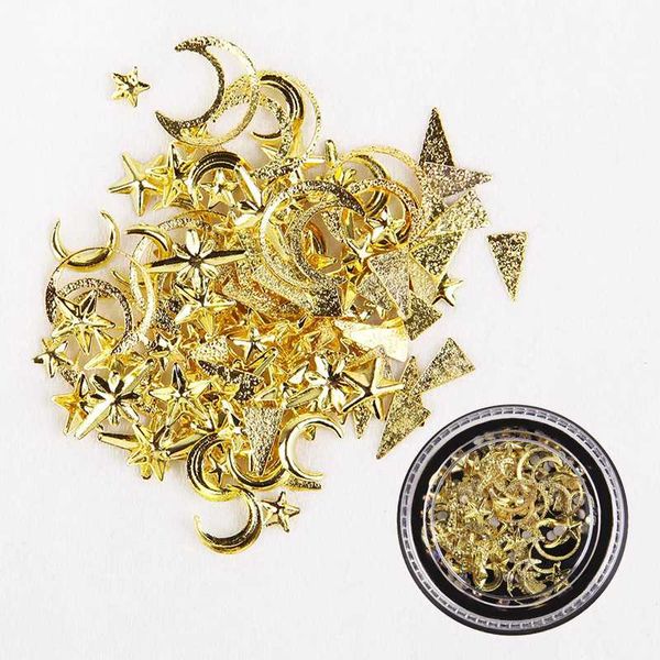 

1 box 3d nail art decorations hollow star moon shape nails studs rivet mini beads flat back crystal rhinestones accessories, Silver;gold