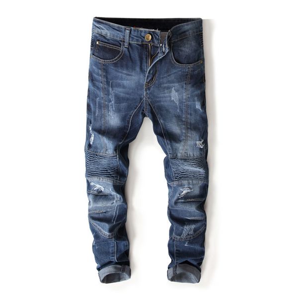 

mens designer fashion worn jeans slim straight motorcycle pants, Blue