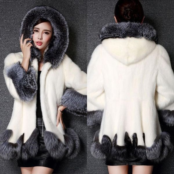 

women fashion hooded long sleeve artificial fur buckle above knee, mini patchwork coat casual winter, autumn, Black