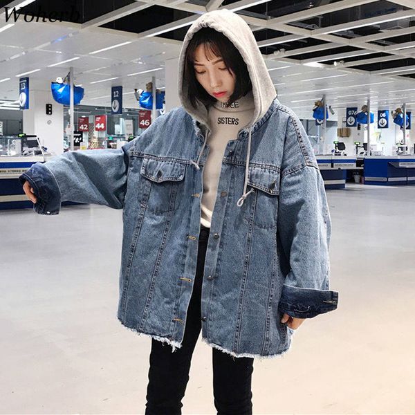 

woherb spring harajuku oversized jean jackets korean loose hooded denim jacket women hip hop bf style streetwear long coats, Black;brown