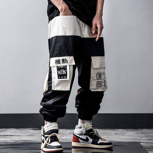 

japanese style pockets cargo pants men letter embroidery hip hop harem joggers color patchwork track trousers us size, Black