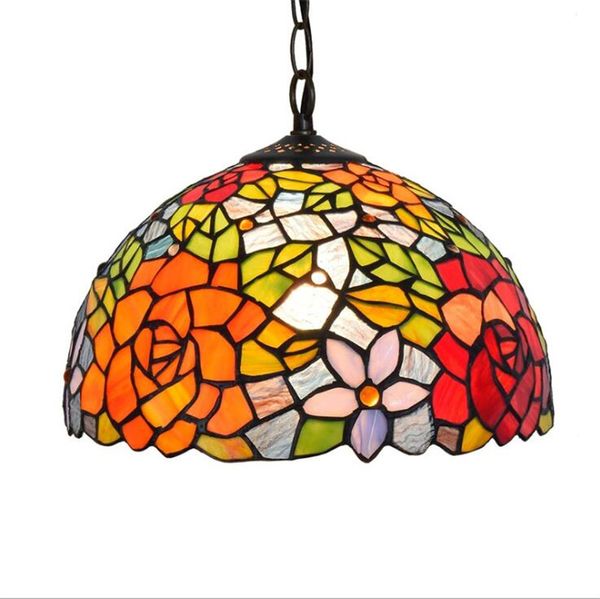 

American country pastoral creative crystal lamp Tiffany stained glass retro restaurant chandelier red rose 12-inch lighting TF051