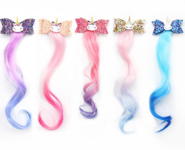 

3" sequin hair accessories unicorn hair clips for girls rainbow glitter wings hair bows princess kids long wig hairpins, Slivery;white