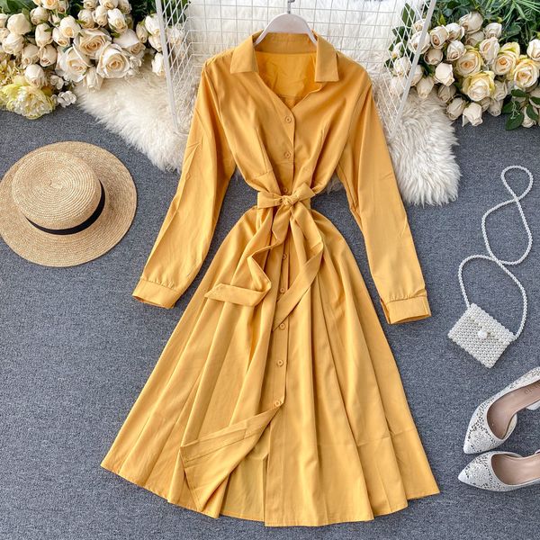 

luosha women spring autumn turn down collar long sleeve a line button dresses with sashes female office ladies vestidos 6colors, Black;gray