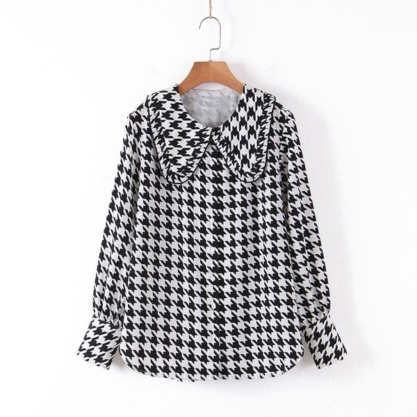 

women casual preppy style blouse spring plaid peter pan collar chiffon shirt ladies slim xb252, White