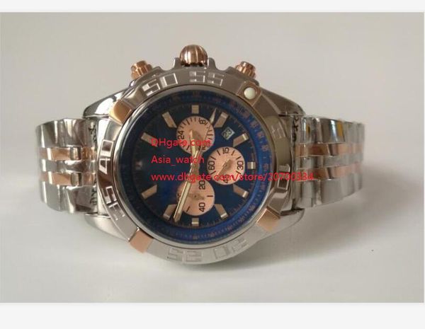 

factory supplier wristwatches 47mm rose gold two tone quartz chronograph blue dial stainless steel mens watch watches, Slivery;brown