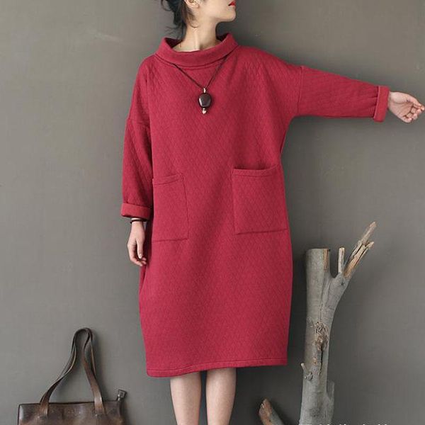 

2017 vintage winter autumn dress for women long sleeve loose tuitle neck women clothes brown and red colors, Black;gray