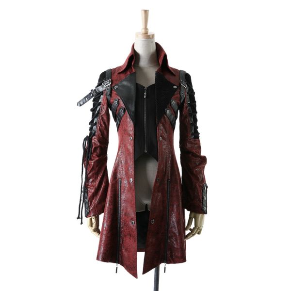 

women steampunk long coat trench punk leather biker jacket rock stand collar winter autumn slim tie long sleeve outwear female, Black