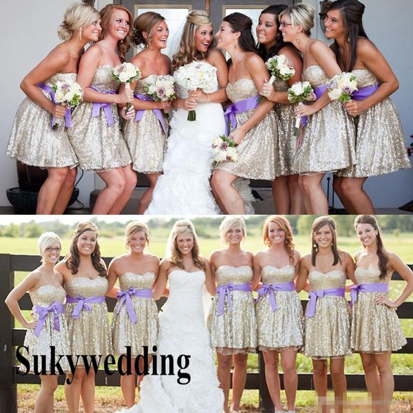 2019 Strapless Sequins Short Country Bridesmaid Dresses With Sash