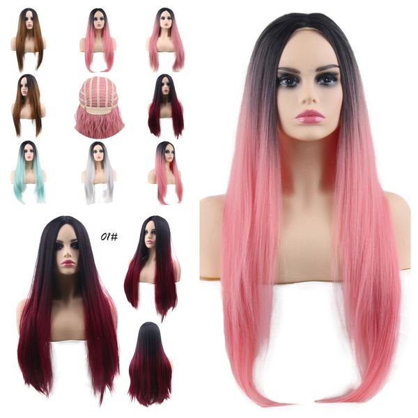 

bright pink wigs long straight synthetic hair heat resistant 6 colors mixed color synthetic wigs for women, Black