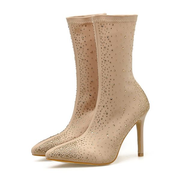 

apricot black diamond crystal stretch fabric sock boots pointed toe heel high 9cm ankle boots for women spring autumn