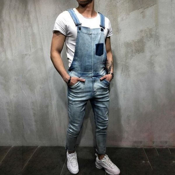 

brand men vintage jeans jumpsuits distressed denim bib overalls male suspender pants 2019 new casual jeans jumpsuit high quality, Blue