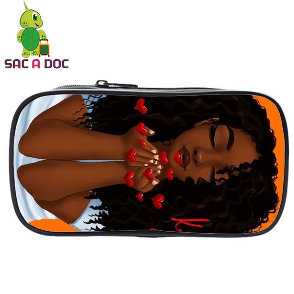 

cartoon student pencil case cute afro brown girl printed girls pen bag makeup boxs zipper travel cosmetic bag stationery bags