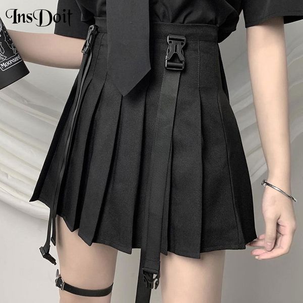 

insdoit gothic black high waist safari style skirts a-line strap skirt punk streetwear buckle skirt tooling pleated skirts