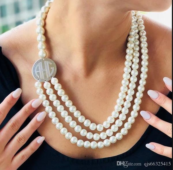 

monogram pearl necklace in silver or gold trendy triple strand personalized large monogrammed necklace