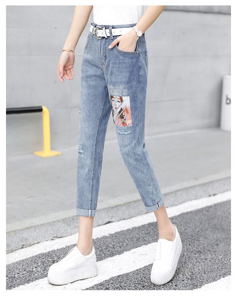 

светло-голубой новый облегчение высокой талии отверстие 9 восемь горячей бурения бафф тонкие брюки, Blue