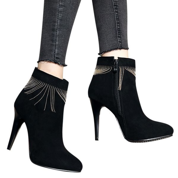 

winter women's mental tassel thin heel ankle bare boots flock casual short booties leather motorcycle shoes zapatos de mujer, Black