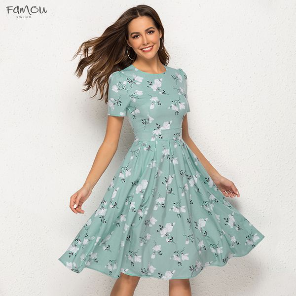 

Floral Printed Dress 2019 New Fashion Wear A-Line Party Dresses Short Sleeve Summer Knee Length Vestidos Street Women