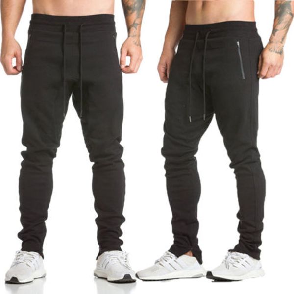 

2018 new men tracksuit bottoms zipper jogging joggers sweat pants long solid sports running pants uk stock, Black;blue