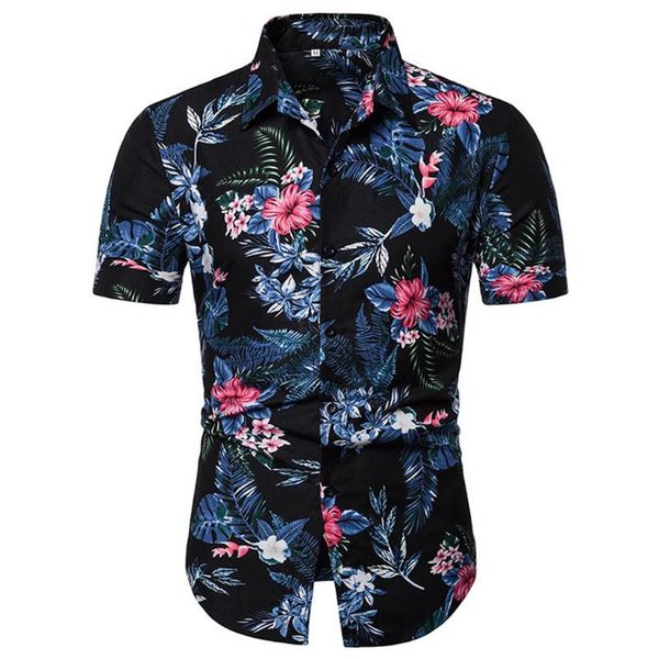 

38# men's shirt summer casual hawaiian shirt comfy printed turn-down collar slim fit short sleeve men camisa hombre, White;black