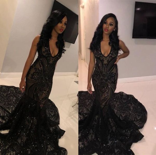 

black mermaid long prom dresses 2019 new sleeveless sweep strain sequined v neck formal evening dress party gowns custom made