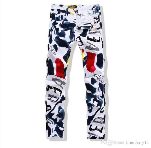 

men's jeans mens denim pants autumn man casual fashion 3d painted white skinny cotton trousers, Blue