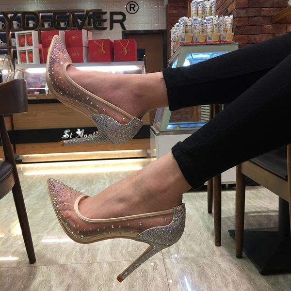

fashion women pumps brand new casual designer nude mesh crystal strass point toe high heels shoes bride wedding, Black