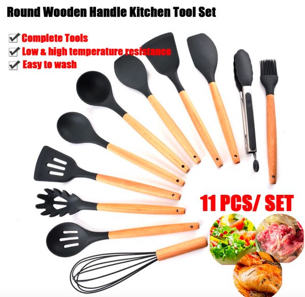 

11pcs/ set elling environmental silicone kitchen tools spoon oil brush eggbeater drawknife shovel spatulas wooden handle cooking tools