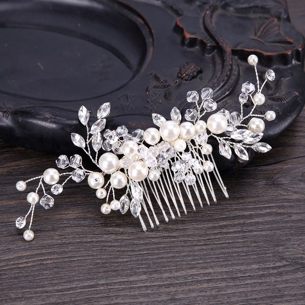 

kmvexo 2018 new european design leaves wedding hair accessories pearl crystal flower bridal hair comb wedding jewelry, Golden;white