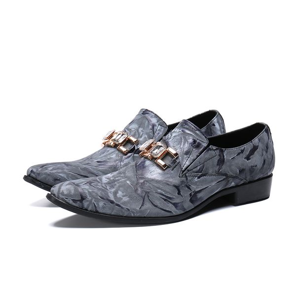 

classic gray leather men loafers metal decoration pointed casual shoes men daily wear party wedding shoes, Black
