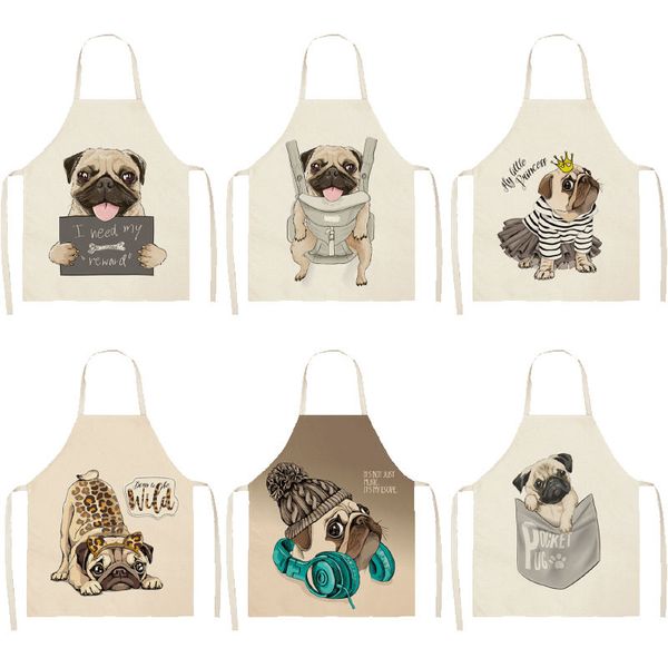 

1pc cute dog cotton sleeveless apron linen printed kitchen aprons women home cooking baking waist bib pinafore 53*65cm wql0152
