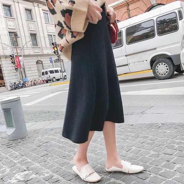 

2019 high waist women knitted a-line long skirts vintage autumn winter thick women midi skirt faldas jupe femme saia, Black