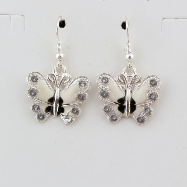 

10pairs/lot White Rhinestone Enamel Butterfly Charm Earrings silver Fish Ear Hook Chandelier Jewelry 22x37mm A-510e