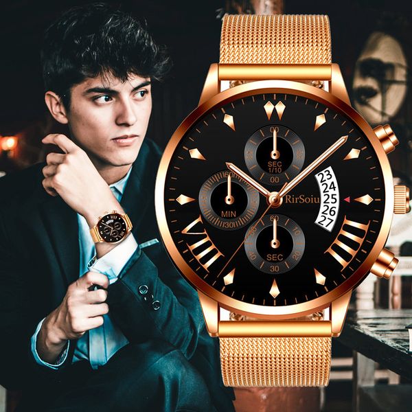 

new luxury men's watch alloy mesh quartz three eye real nail calendar large dial male business fashion clock reloj mujer, Slivery;brown