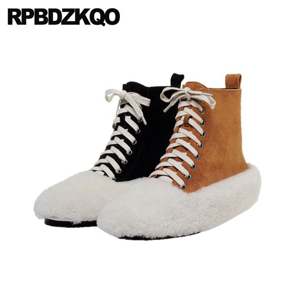 

suede fur genuine leather shoes furry short winter lace up casual brown flat size 4 booties women ankle boots 2019 round toe, Black