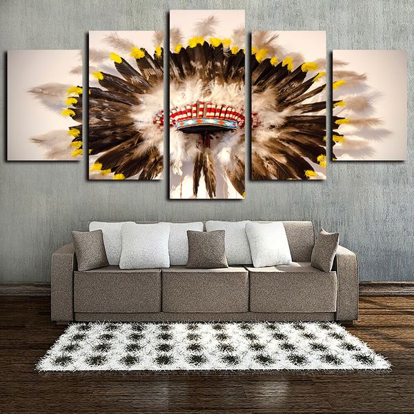 

5 panels native american indian hat feathered artworks canvas wall art for home decor abstract poster hd canvas print oil painting