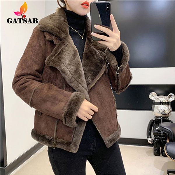 

handsome suede plus velvet motorcycle jacket autumn and winter new women's korean version of the short personality lapel jacket, Black;brown