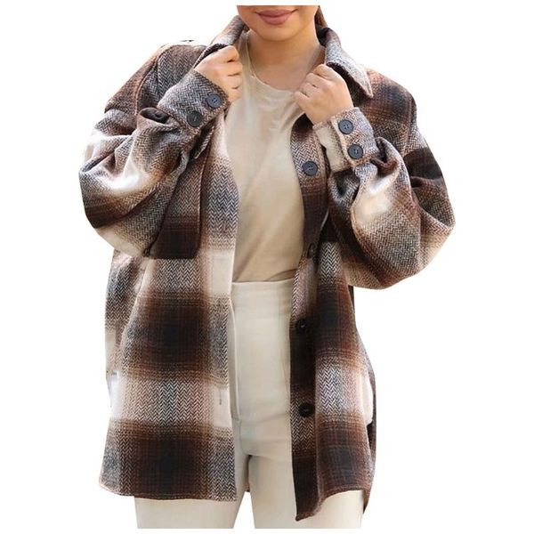 

vintage women shirt coat 2020 long sleeve pockets button coats ladies thick plaid coat female streetwear elegant girls oversize, Black;brown