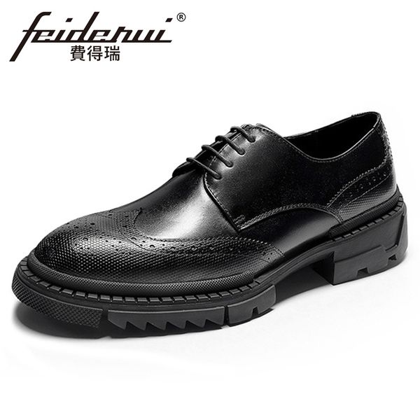 

2019 new genuine leather men's carved flat platform oxfords round toe laces man formal dress wingtip brogue shoes fhs152, Black
