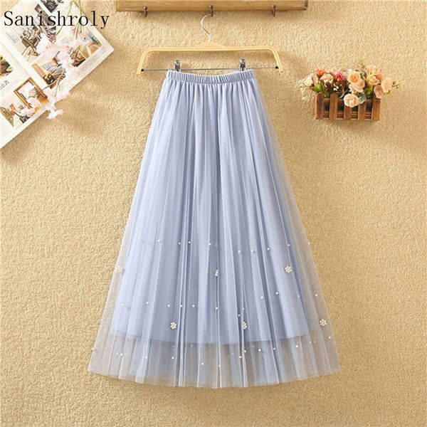 

sanishroly new sprint summer women beading mesh skirt elastic high waist pleated skirts female a-line midi long lace skirt se922, Black