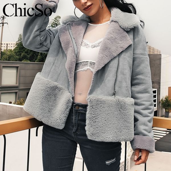 

missychilli leather suede faux fur jacket gray warm winter women coats casual streetwear long sleeve short coat female jacket, Black