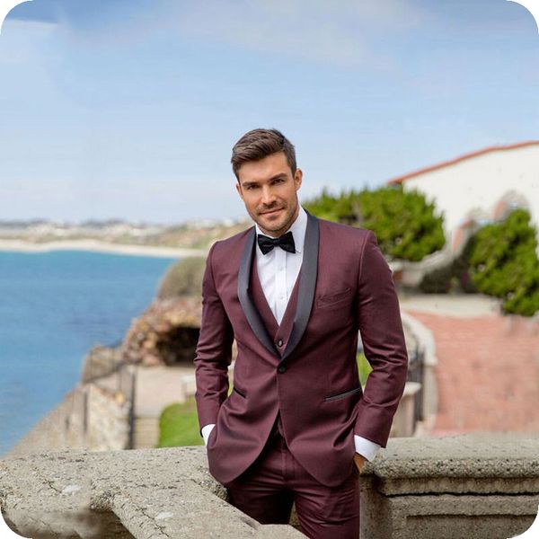 

custom made burgundy groom tuxedos wedding suits man blazers black shawl lapel jacket 3piece latest coat pants designs costume homme, Black;gray