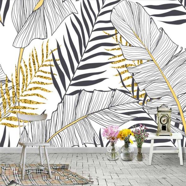 

wallpapers papel de parede nordic simple banana leaf black and white palm wall decoration painting custom large mural wallpaper living room