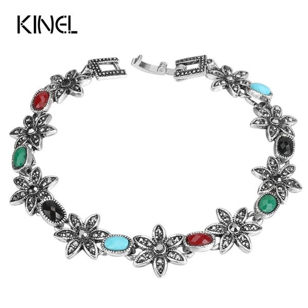 

kinel retro bracelets for women silver color beautiful crystal flowers india jewelry, White