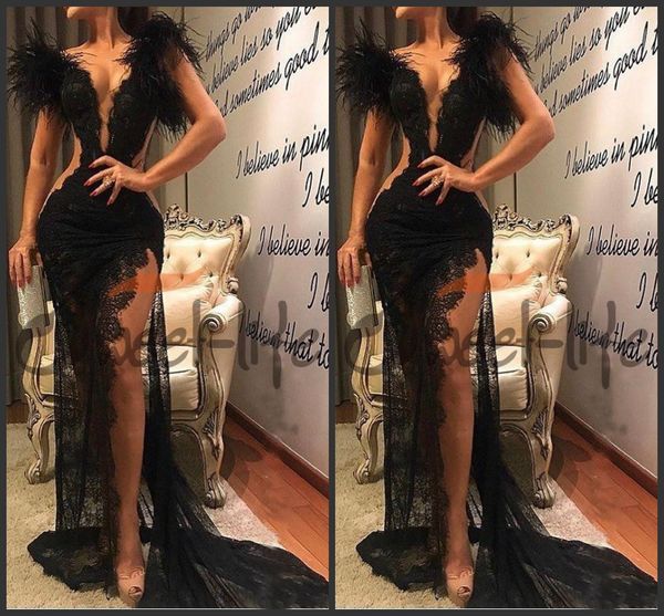 

2020 black lace prom dress split formal party pageant wear sheath feather evening dresses v neck see through