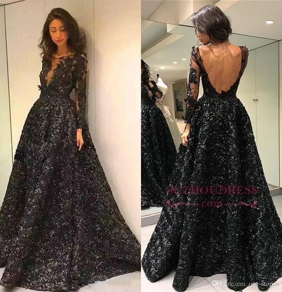 

black a line prom evening dress 2019 floral party cocktail gown backless long sleeve formal prom pageant dresses custom made, Black;red
