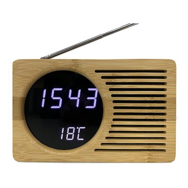 

led bamboo digital fm radio alarm clock 12h/24h adjustable light for home bedroom office desk watch timer usb cable alarm clocks