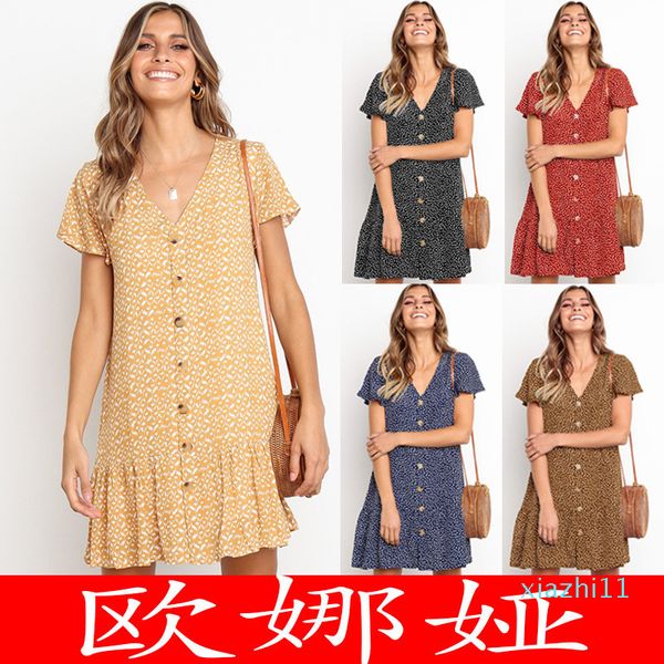 

fashion- explosion models 2020 spring and summer fashion printing flounced v-neck button women dress 101137, Black;gray